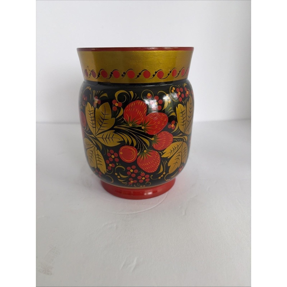 Vintage USSR Khokhlomaโ Russian Folk Art Wood Floral Vase Leaves Berries